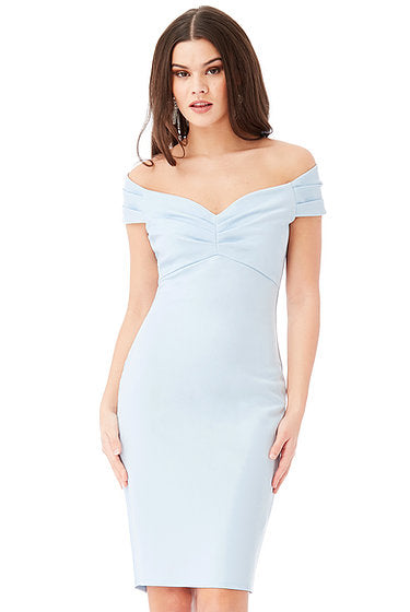 Fitted Off The Shoulder Midi Dress - Powder Blue